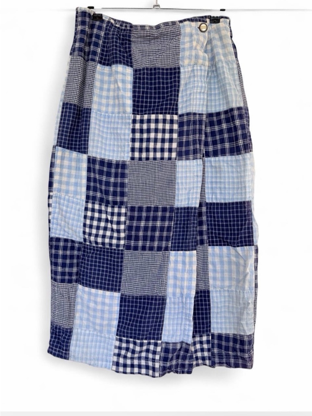 VTG y2k boho chic Blue Patchwork wrap Midi Skirt with Button Detail